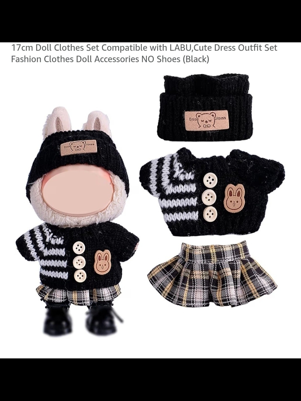 Labubu Cute Black Plaid Doll Outfit Set for 17cm Dolls - Bunny Patch